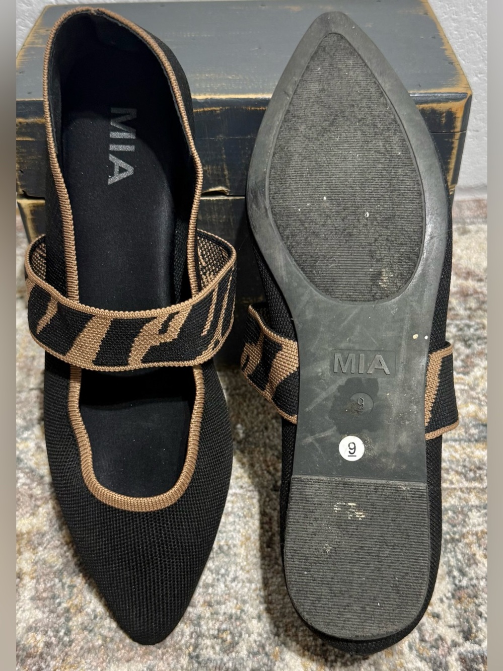 MIA Black Pointed Mary Jane Flats with Brown Trim and Patterned Strap